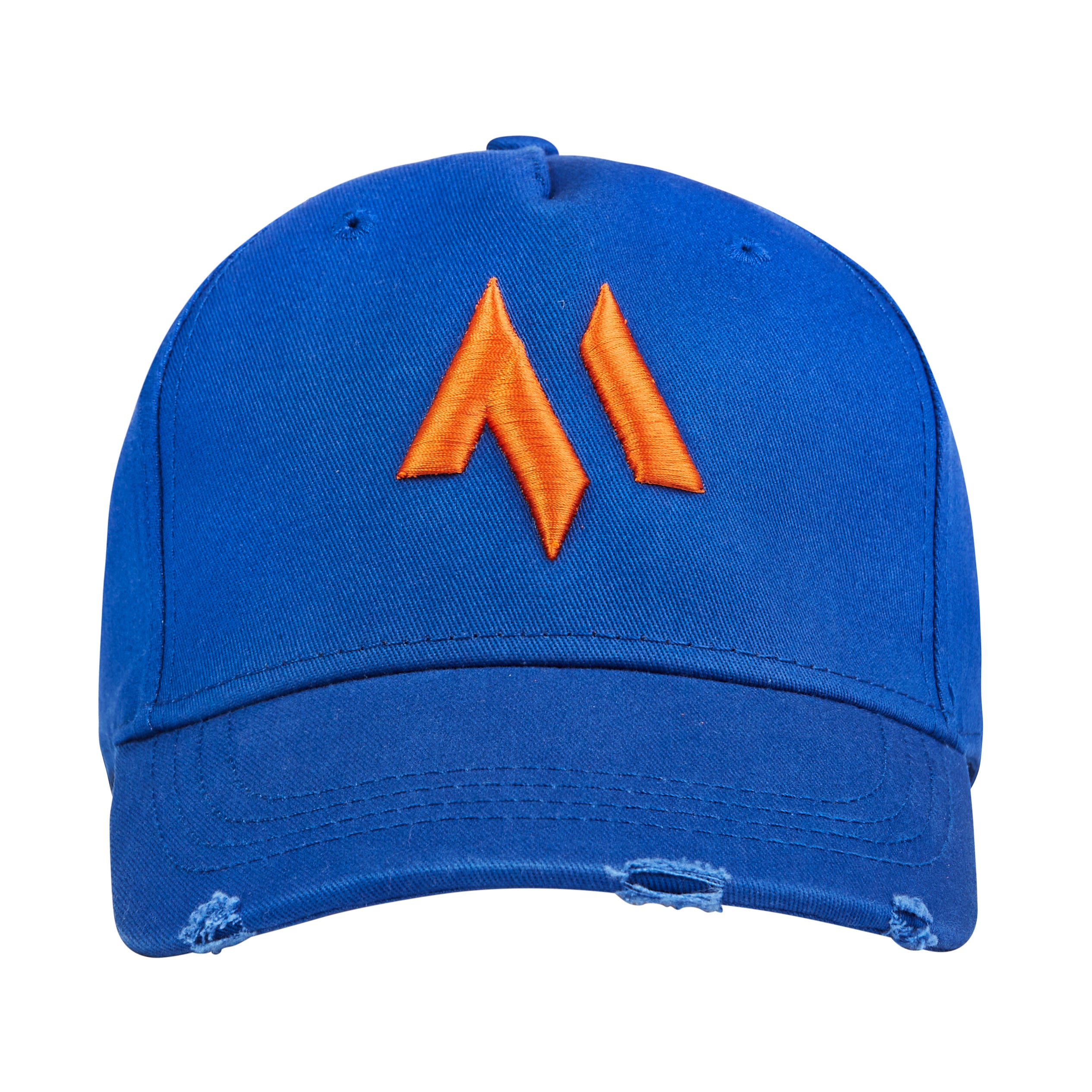 This is the new standard 3d distressed 5 panel in electric blue with an orange emblem. It is a large product image of the hat on a white background