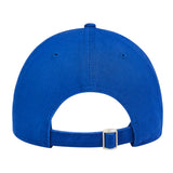 This is the back of the new standard 3d distressed 5 panel in electric blue. It's a large image of the rear of the hat showing the buckle and the strap on a white background