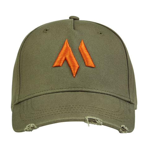 This is the new standard 3d distressed 5 panel in khaki with an orange emblem. It is a large product image of the hat on a white background