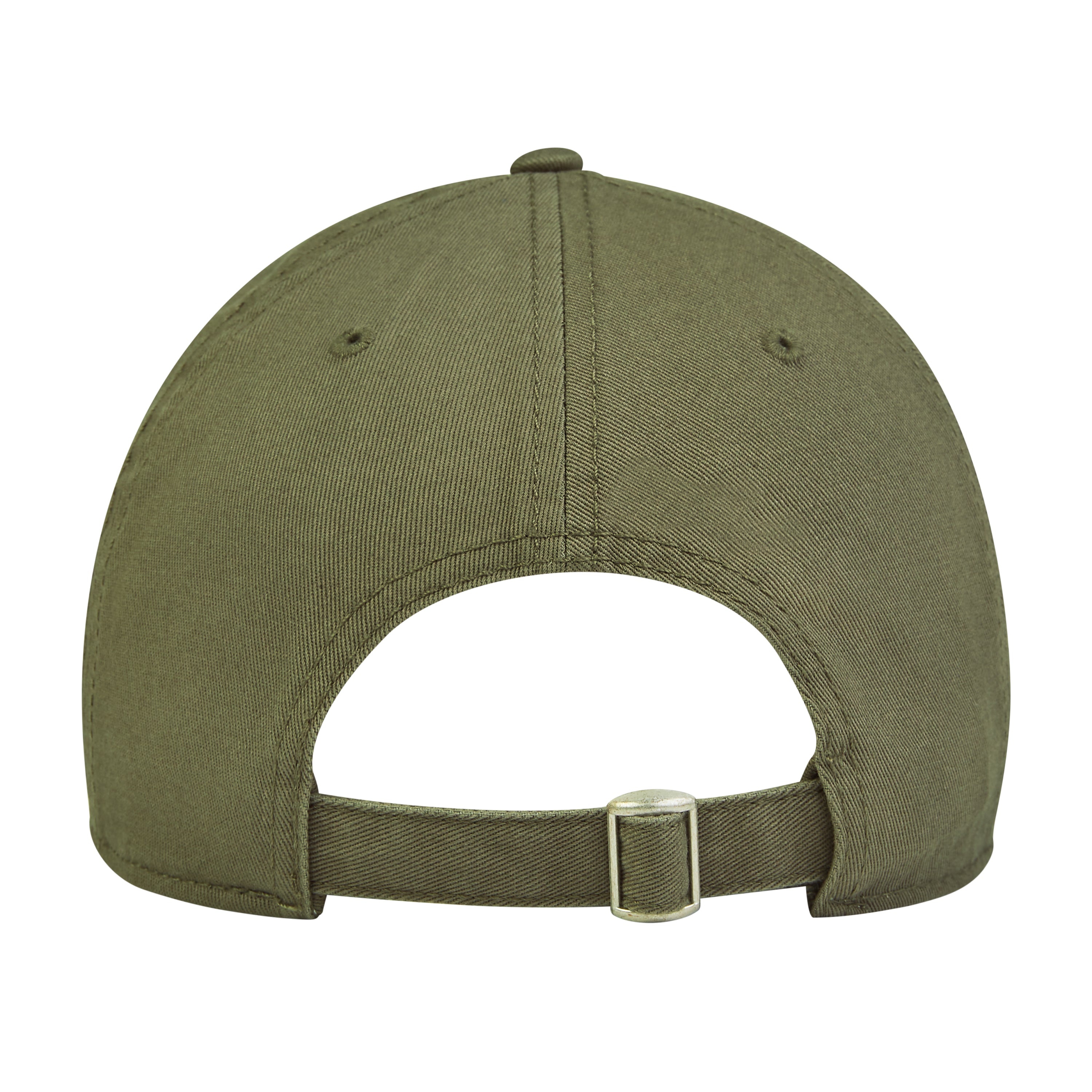 This is the back of the new standard 3d distressed 5 panel in khaki. It's a large image of the rear of the hat showing the buckle and the strap on a white background