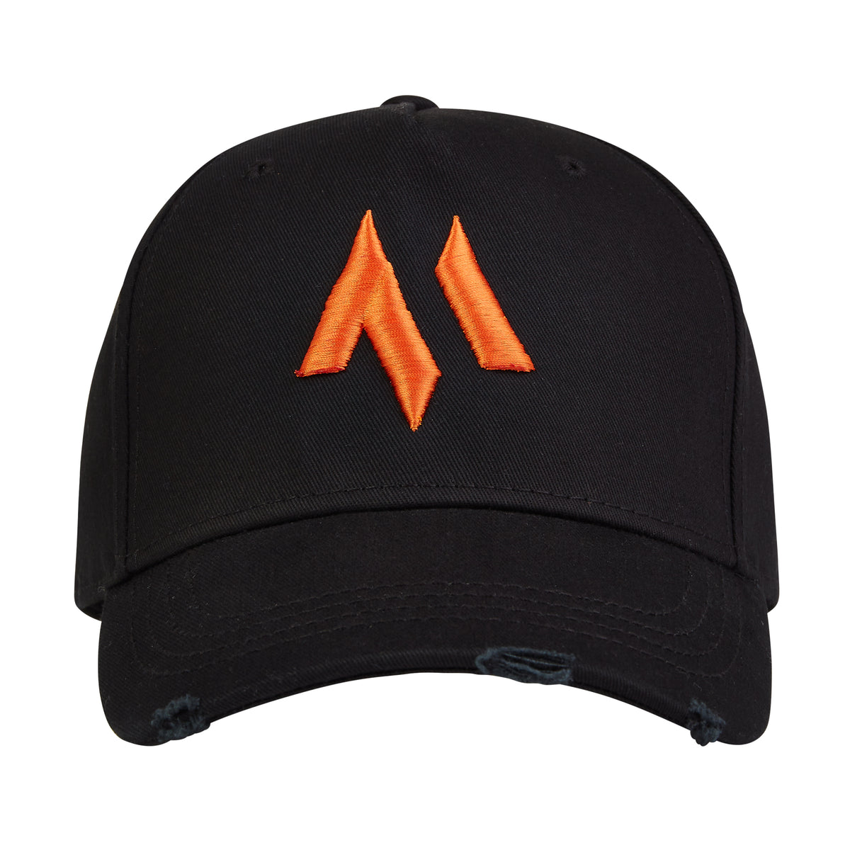This is the new standard 3d distressed 5 panel in black with an orange emblem.  It is a large product image of the hat on a white background