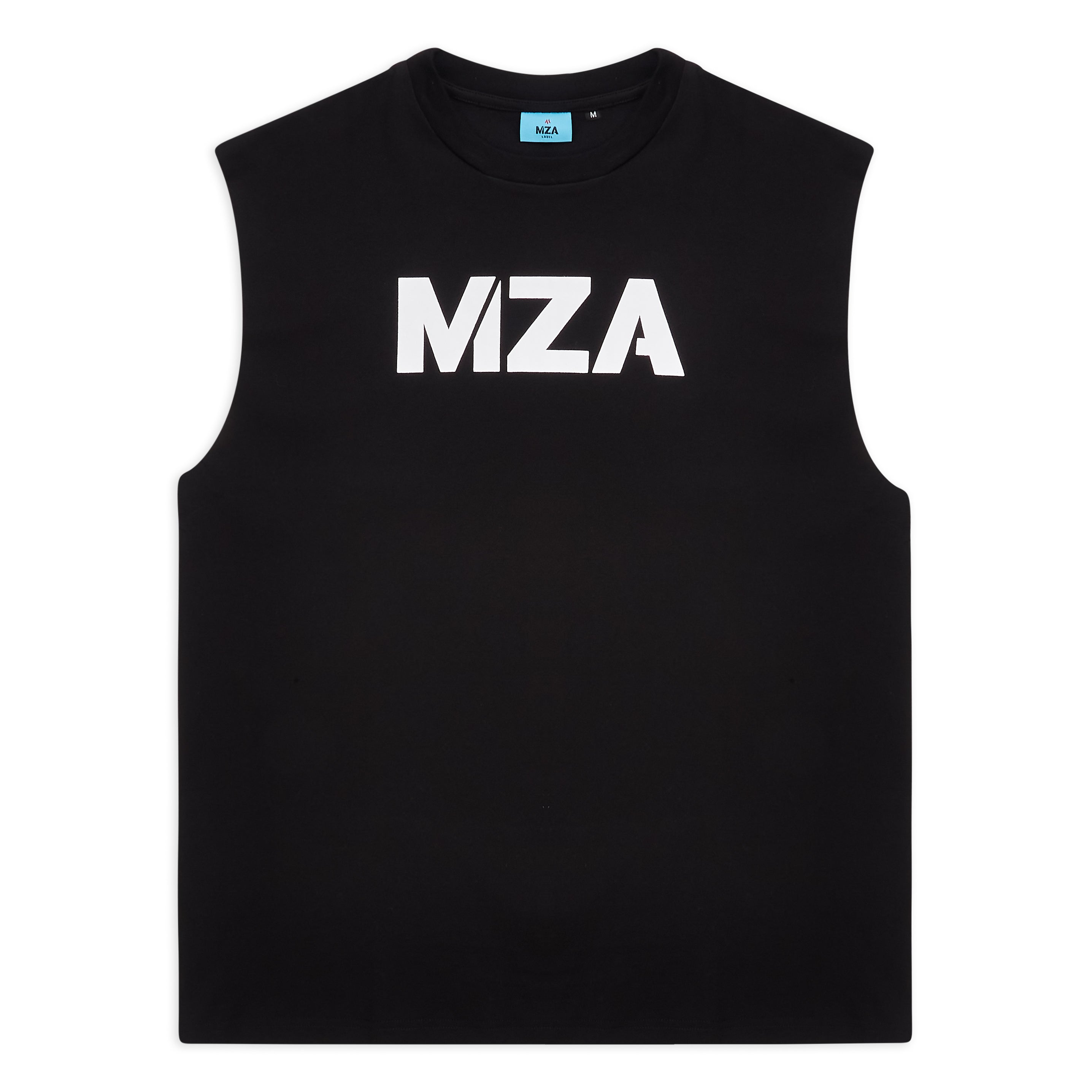 This is a large product image of the front of the new standard vest in black on a white background.  It shows off he large MZA logo on the front of the chest