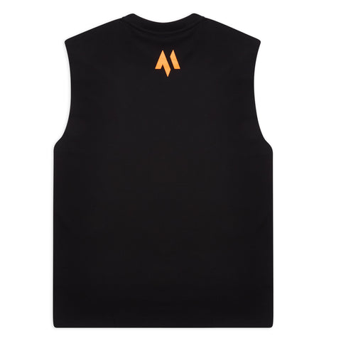 This is the rear product show of the new standard vest in black.  It features the M emblem in signature orange at the top in the middle of the back below the neckline