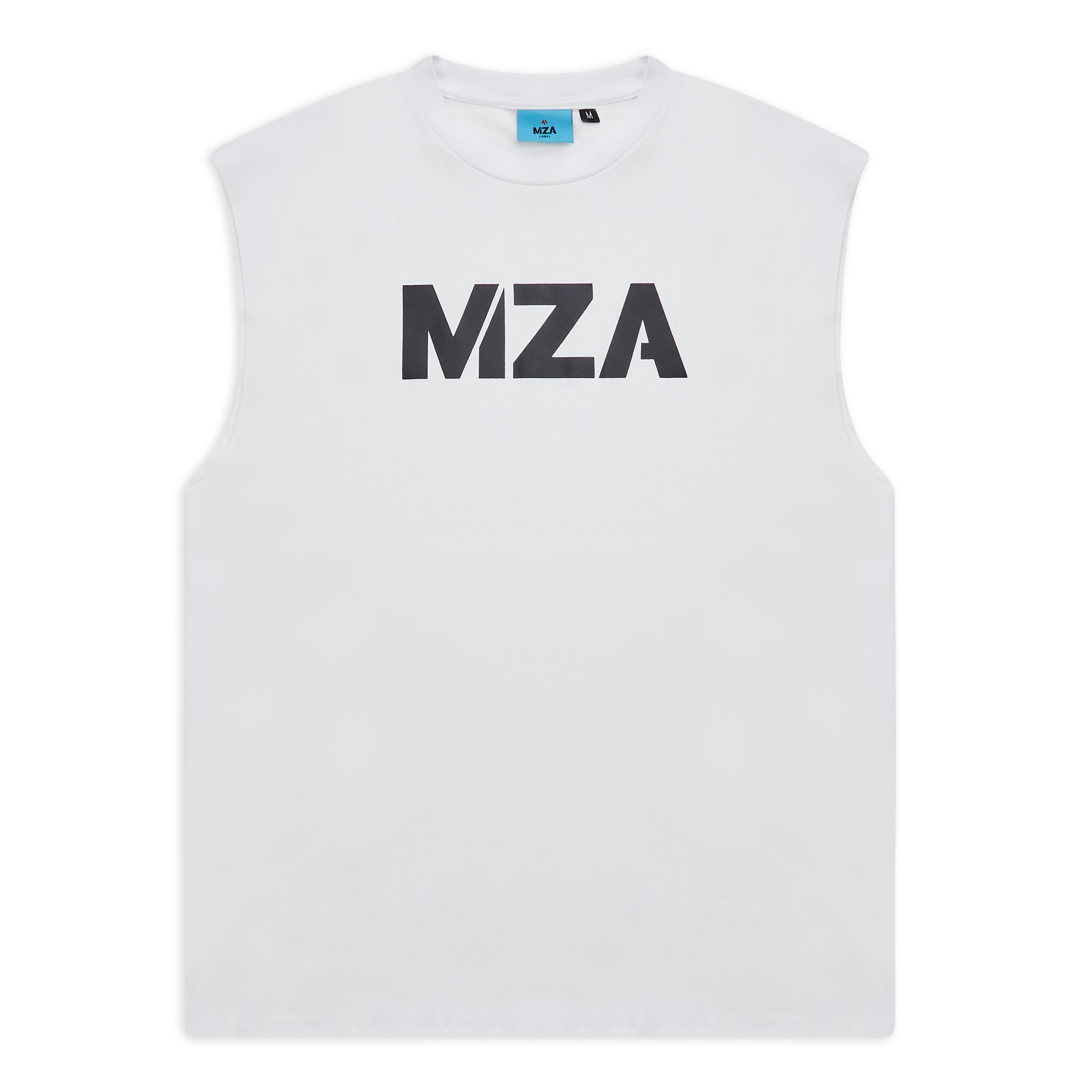 This is a large front product shot of the new standard vest in white, showing off the large front MZA print in black