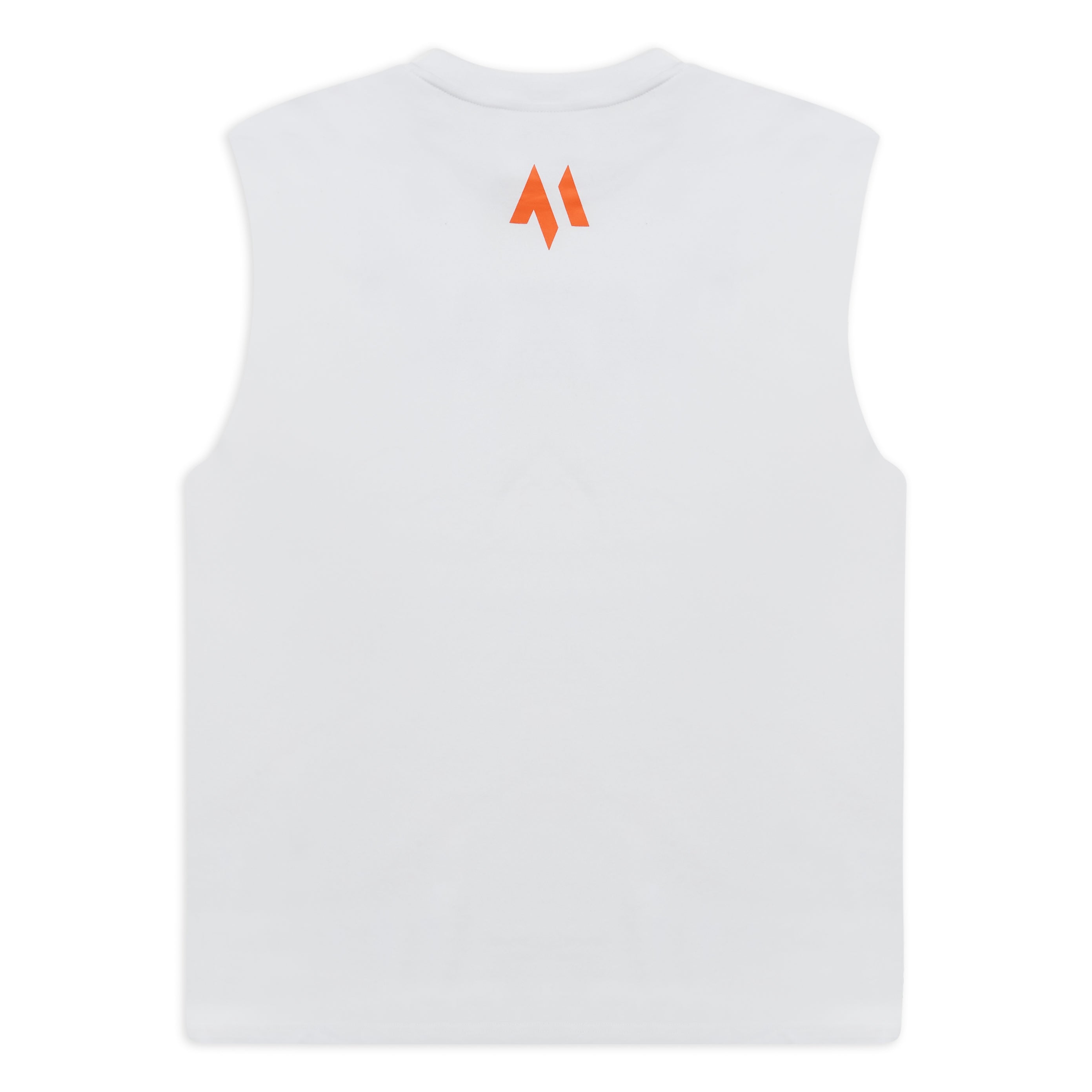 This is a large rear product shot of the new standard vest in white.  It shows the M emblem in signature orange below the neck.