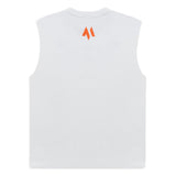 This is a large rear product shot of the new standard vest in white.  It shows the M emblem in signature orange below the neck.