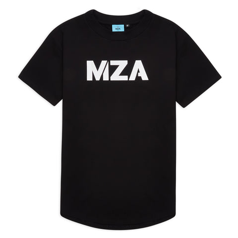 This is a product shot of the new standard long line t-shirt black featuring the MZA logo in the middle of the chest