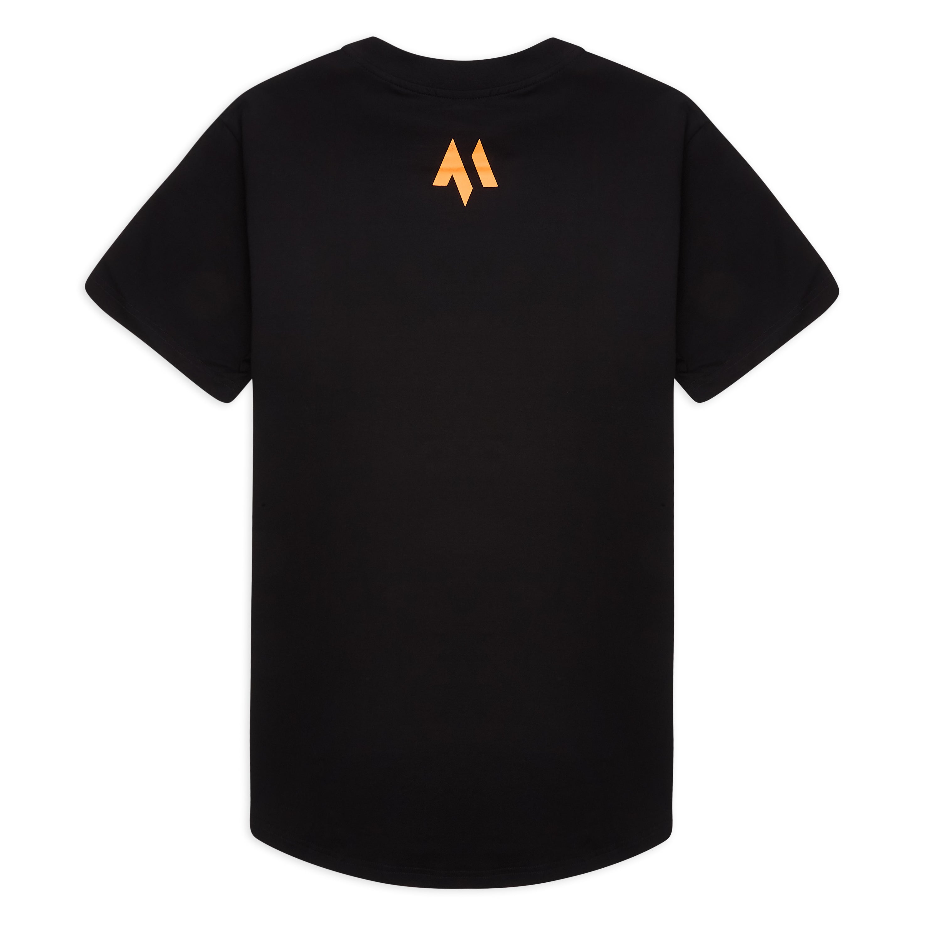 This is a product image of the back of the new standard long line t-shirt in black.  It showcases the orange emblem at the top of the back