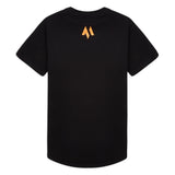 This is a product image of the back of the new standard long line t-shirt in black.  It showcases the orange emblem at the top of the back