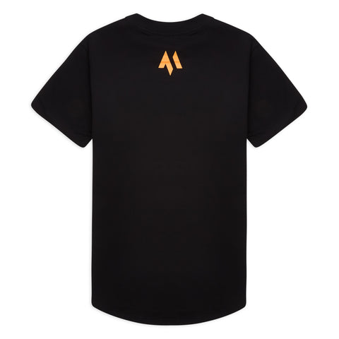 This is a product image of the back of the new standard long line t-shirt in black.  It showcases the orange emblem at the top of the back