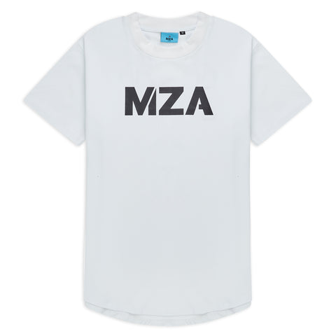 This is a product shot of the new standard long line t-shirt white featuring the MZA logo in the middle of the chest