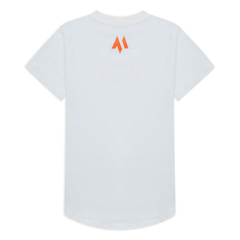 This is a product image of the back of the new standard long line t-shirt in white.  It showcases the orange emblem at the top of the back