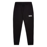 This is a product image of the new standard joggers in black, showcasing the front of the product with the mza logo on the top of the left thigh