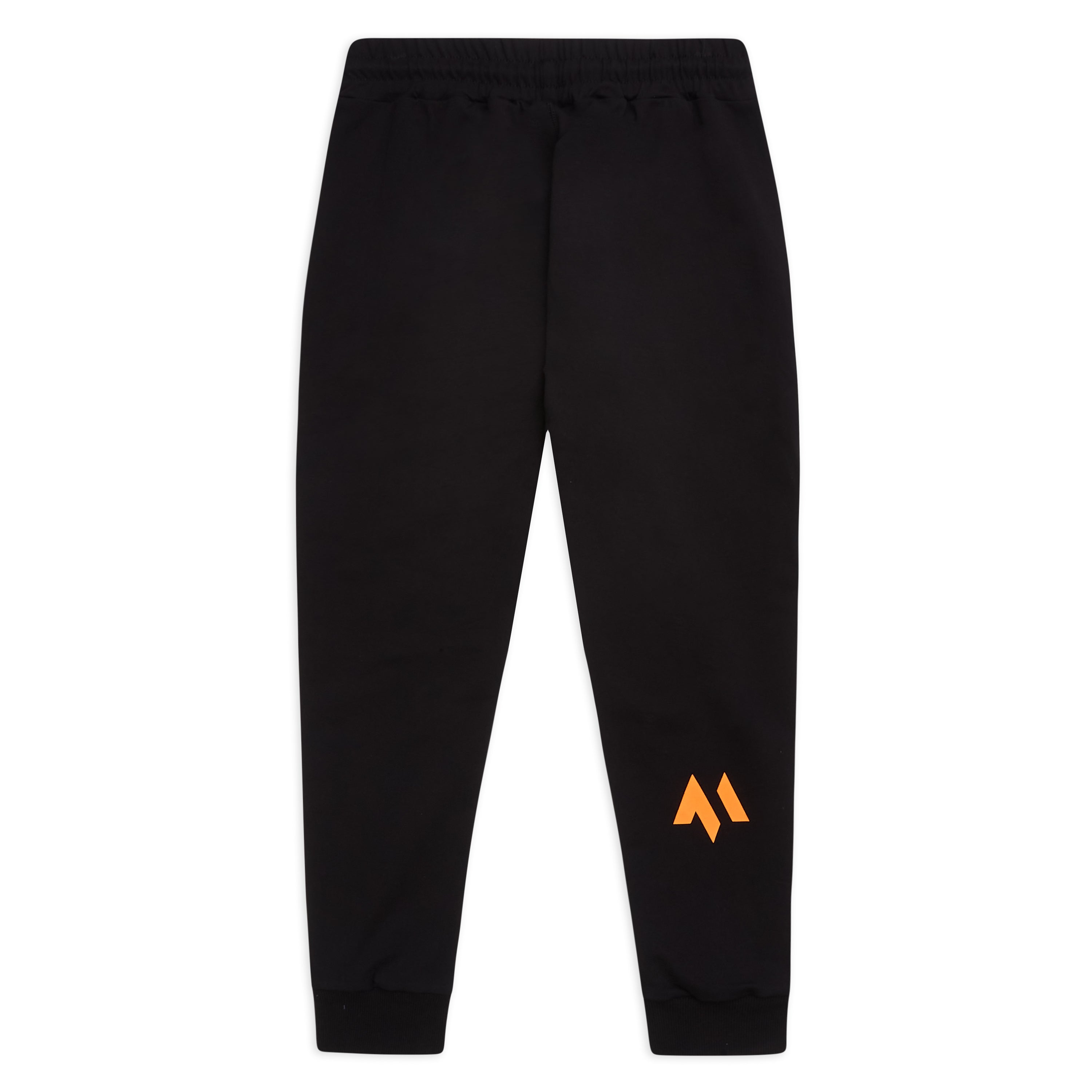 This is a product image of the new standard joggers in black on a white background showing the rear of the product with the orange M emblem on the calf of the right leg