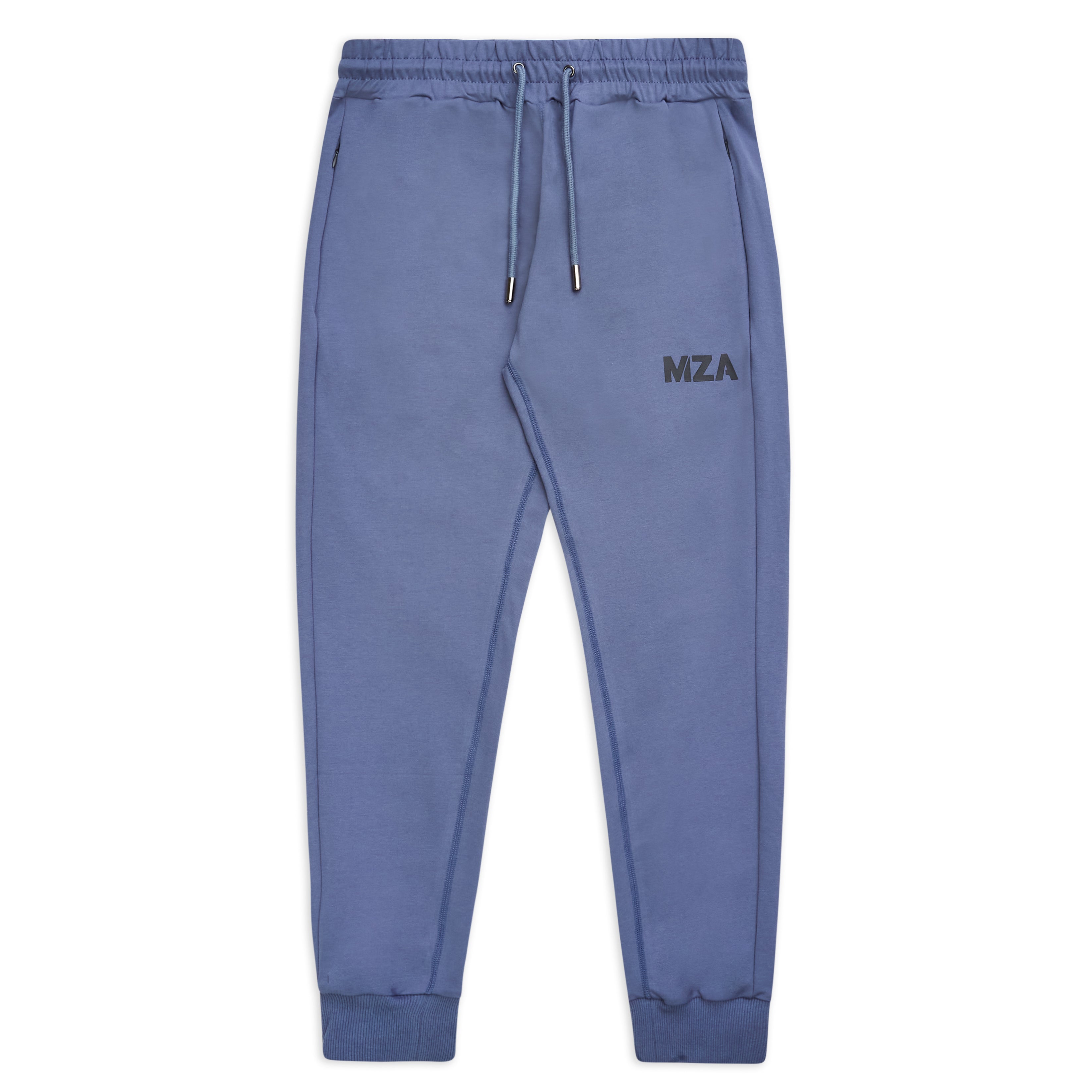 This is a product shot showcasing the new standard joggers in blue steel on a white background.  They feature the MZA logo in black on the front left upper thigh