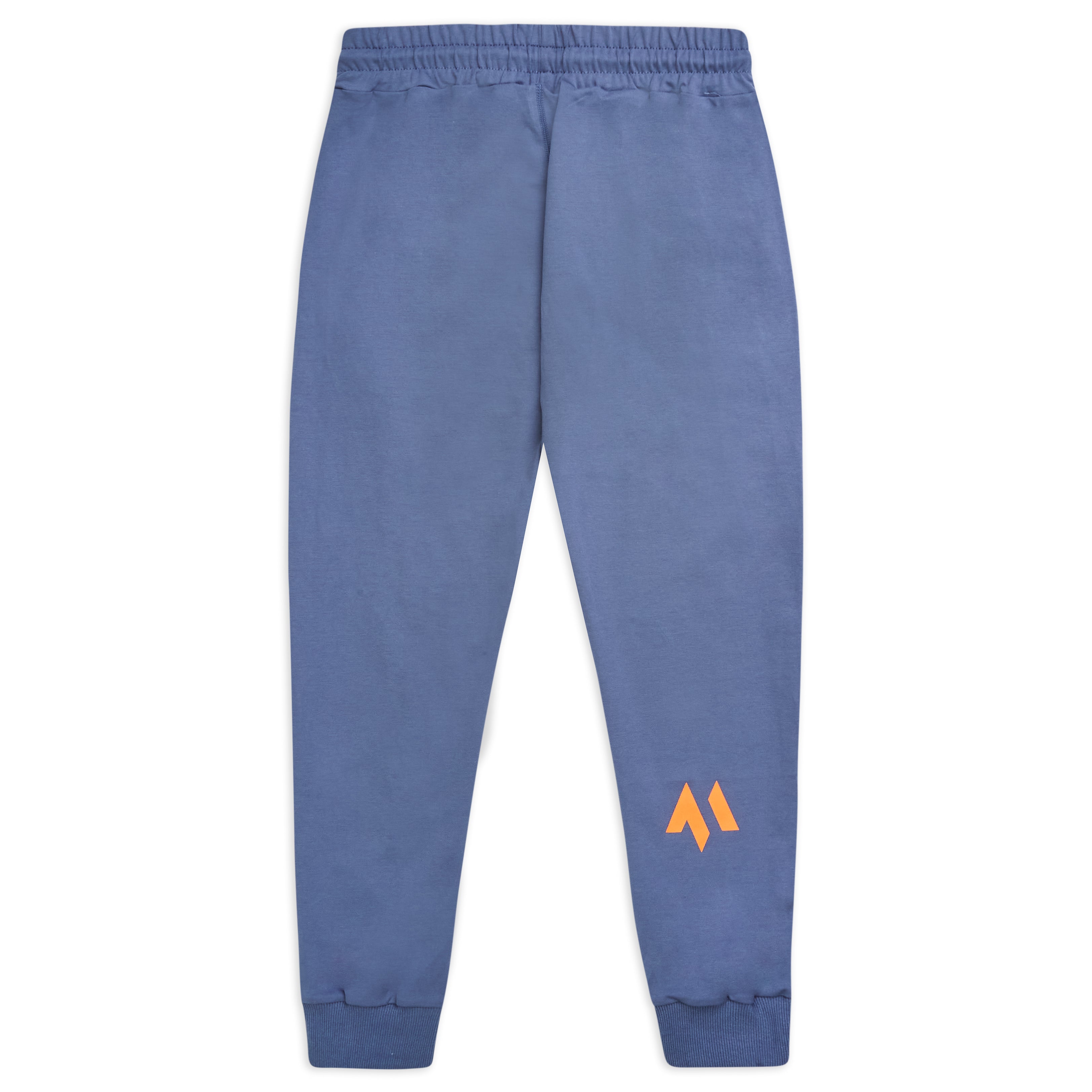 This is a rear product view of the new standard joggers in blue steel showing off the orange emblem on the right calf