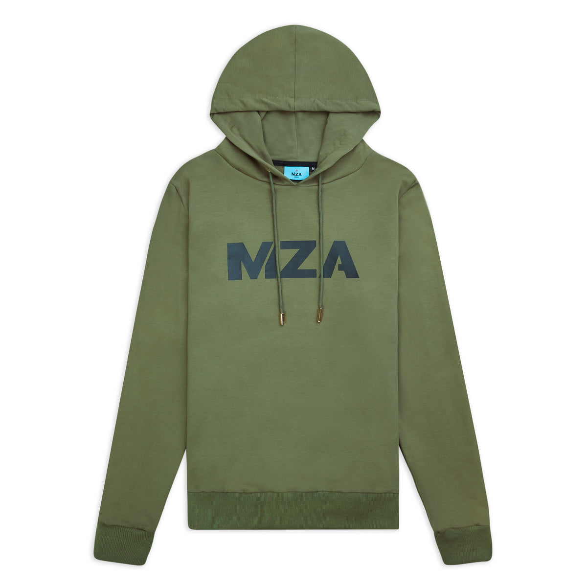 This is a shot of the new standard hoodie khaki, flat on a white background.  It showcases logo on black on the chest, the blue neck label, colour coded ribbing, string, aglets and shape. 