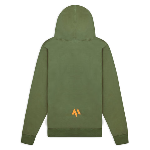 This is the back of the new standard hoodie in khaki. It's a large shot of the product on a white background and features the M logo in orange at the bottom of the back