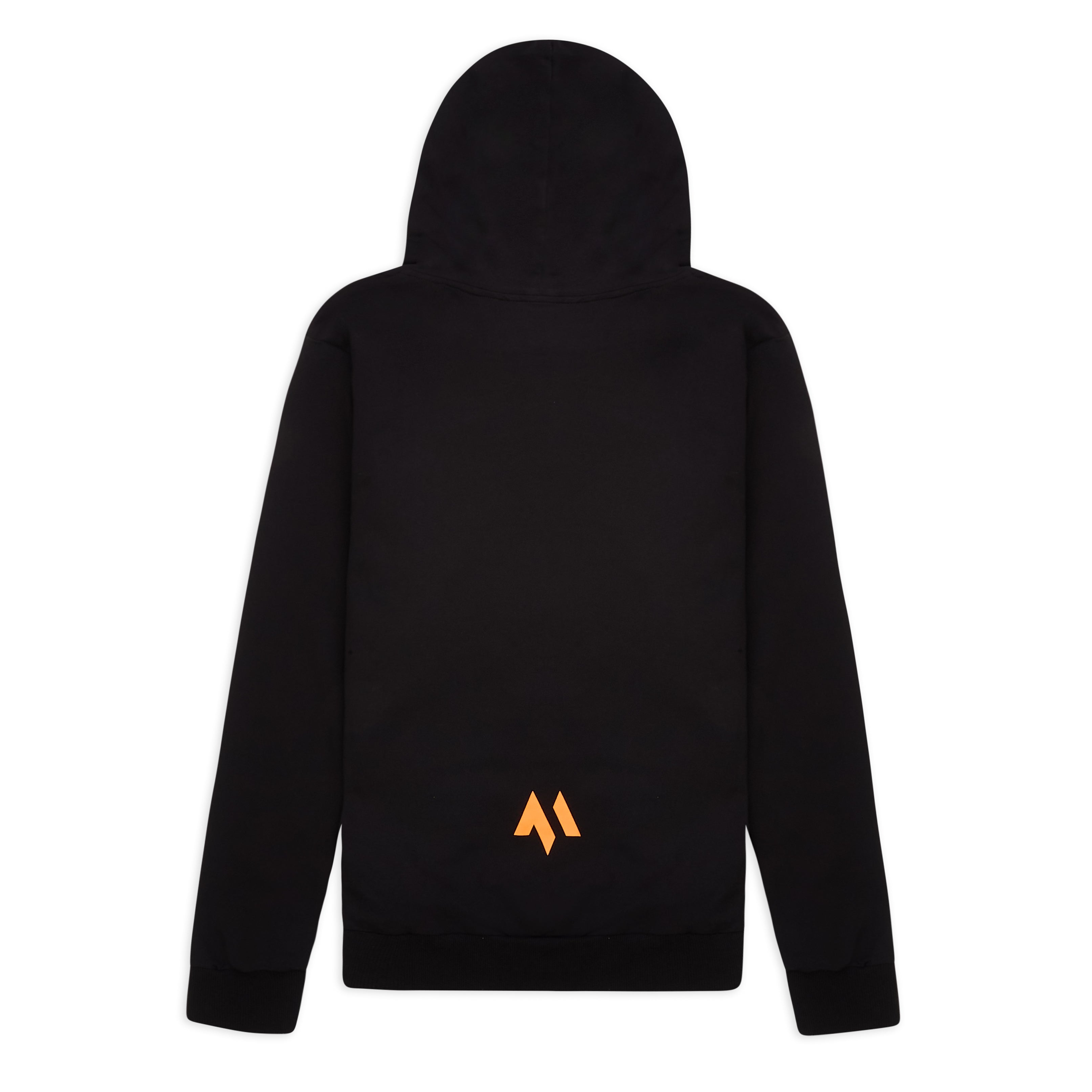This is the back of the new standard hoodie in black.  It's a large shot of the product on a white background and features the M logo in orange at the bottom of the back