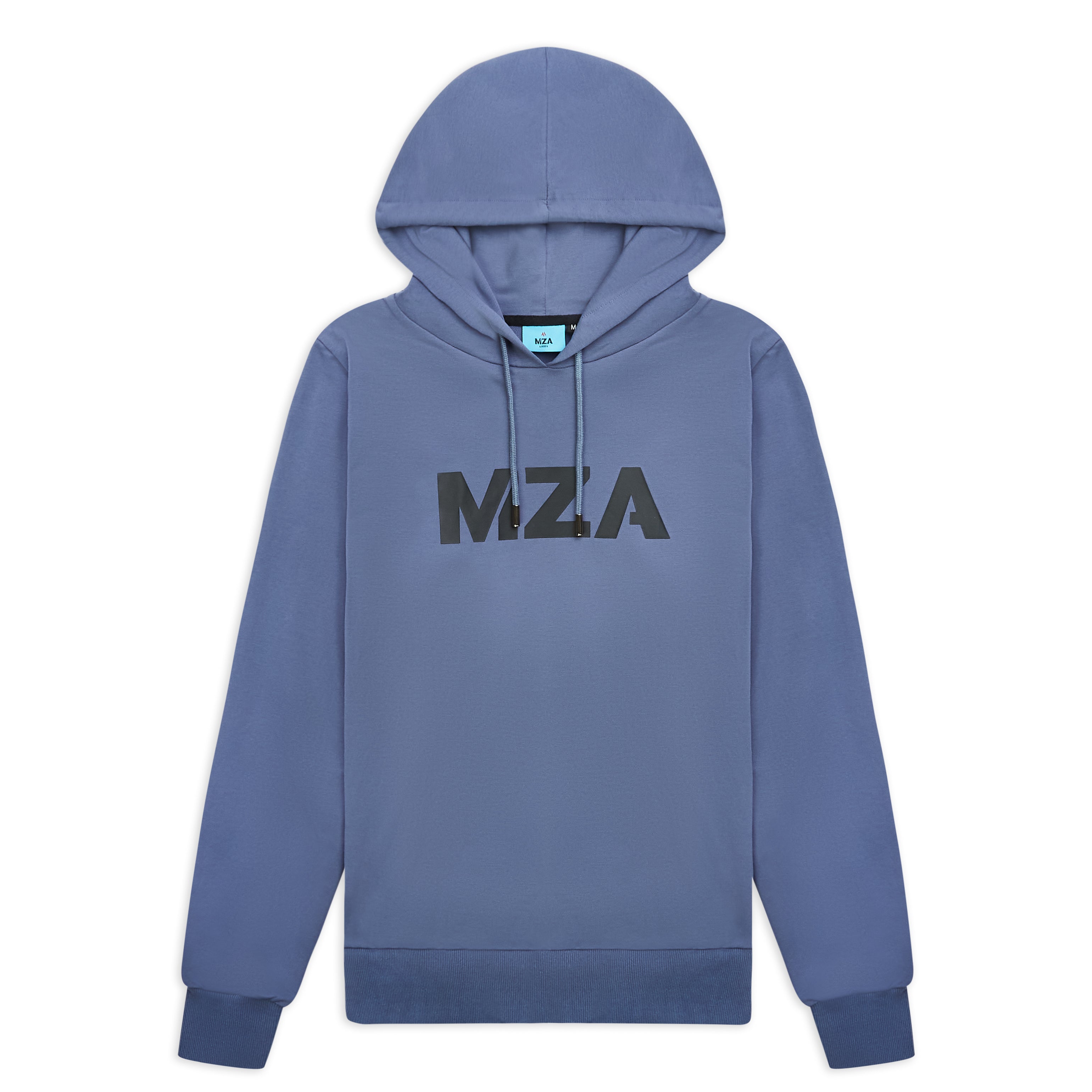 This is a shot of the new standard hoodie blue steel, flat on a white background.  It showcases logo on black on the chest, the blue neck label, colour coded ribbing, string, aglets and shape. 