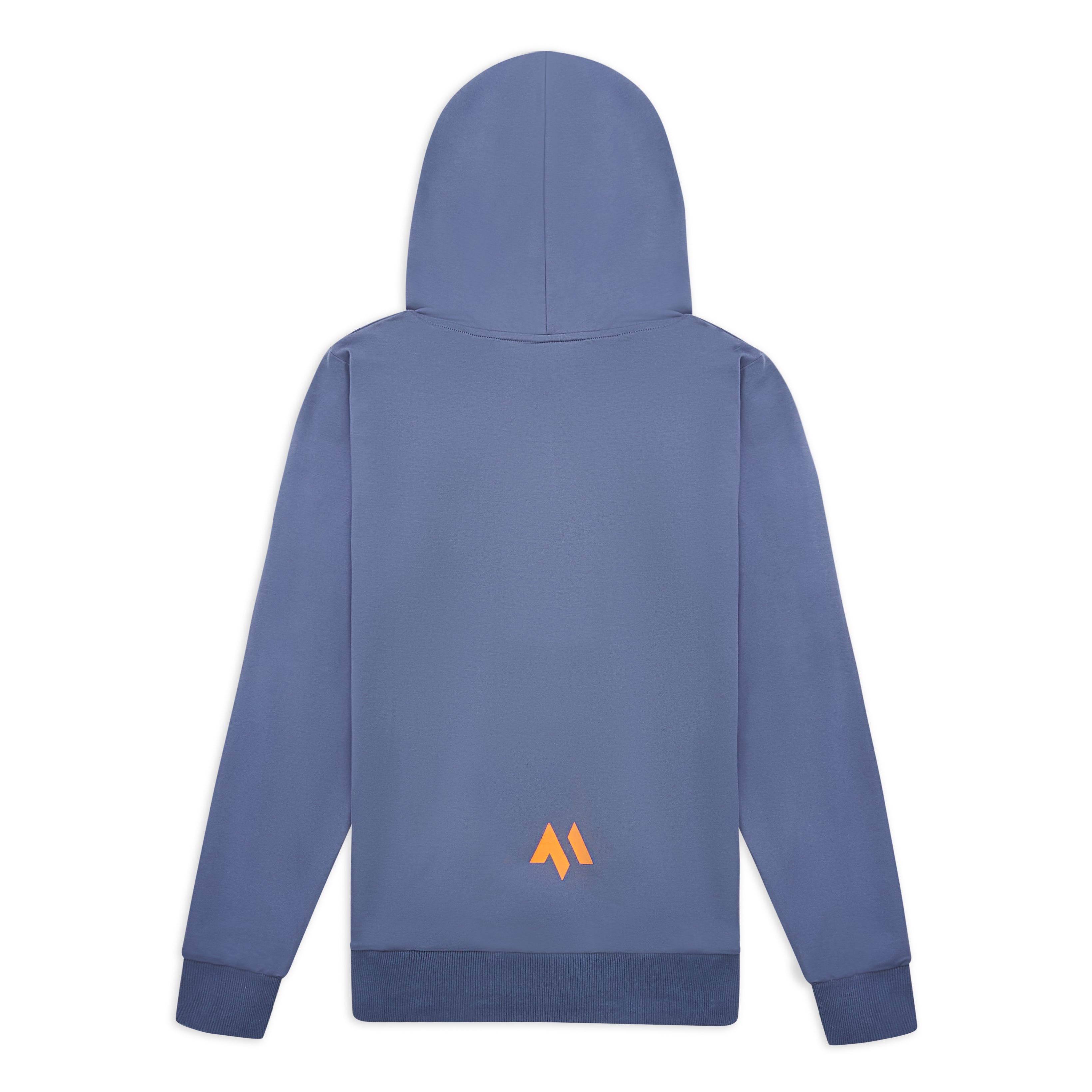 This is the back of the new standard hoodie in blue steel. It's a large shot of the product on a white background and features the M logo in orange at the bottom of the back