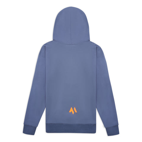 This is the back of the new standard hoodie in blue steel. It's a large shot of the product on a white background and features the M logo in orange at the bottom of the back