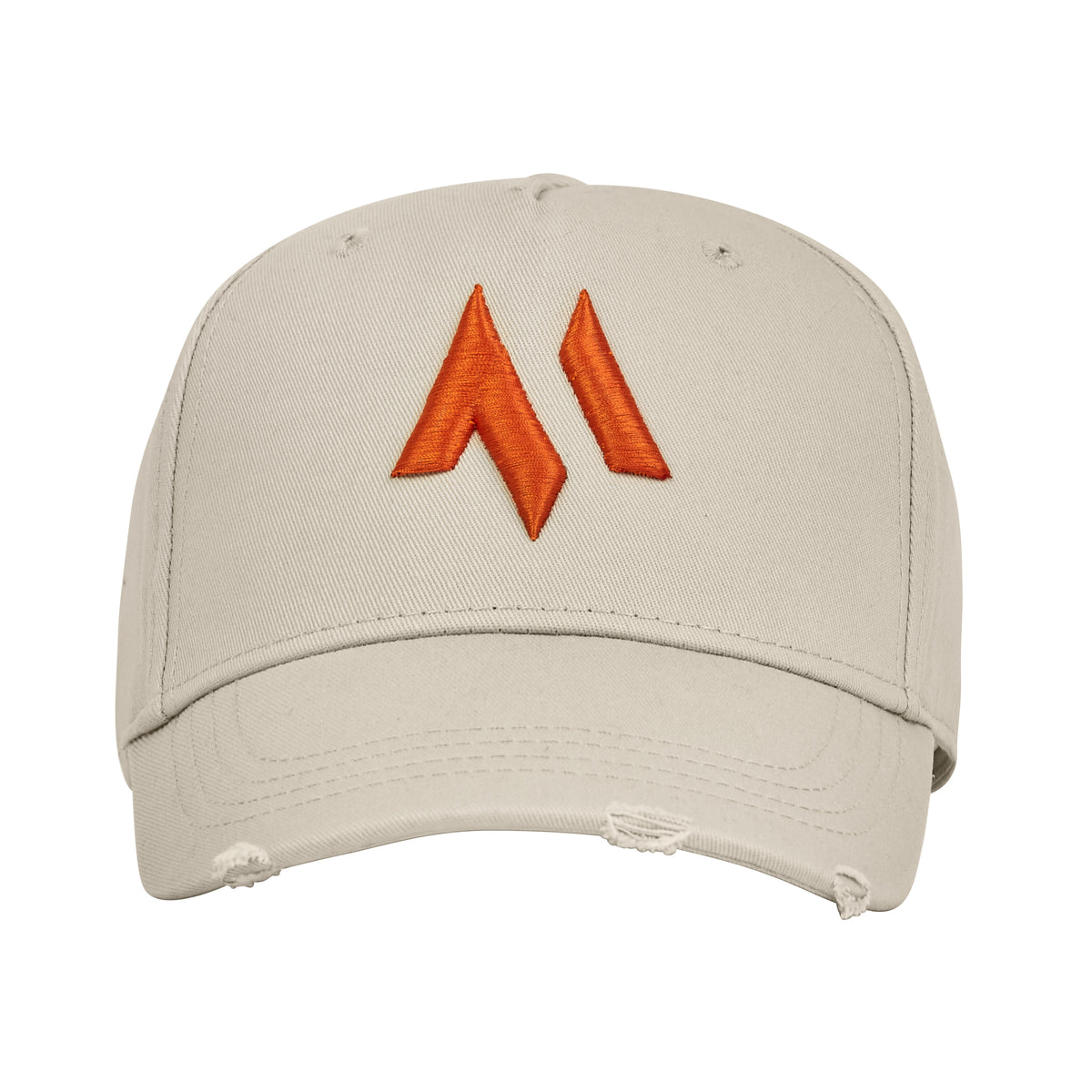 This is the new standard 3d distressed 5 panel in stone with an orange emblem. It is a large product image of the hat on a white background