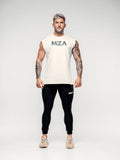 This is a full body shot of Shane wearing the new standard vest in white paired with the new standard joggers in black.